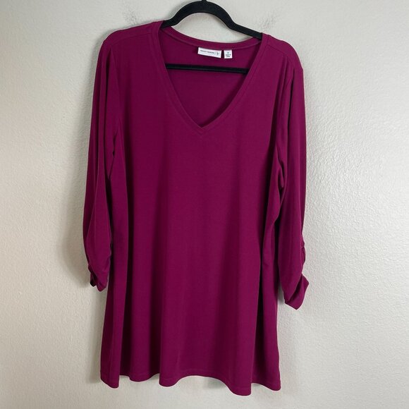 Susan Graver Womens Plus 1X V Neck Magenta Tunic Top Ruched Sleeve Shirt Stretch - Picture 1 of 7